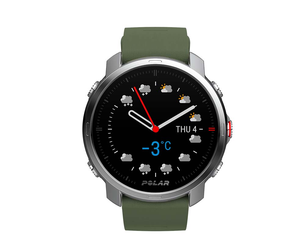 The Polar Grid X with a 'analog' watch face and Komoot weather forecast.