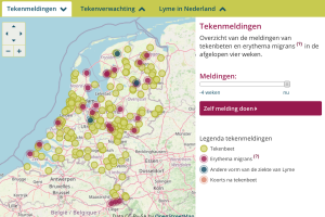 Het aantal geregistreerde tekenbeten van de afgelopen vier weken tot 23 april. (bron tekenradar.nl)